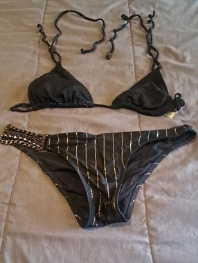 HOT TUNA Black Metallic-Strip Bikini Set Women SEXY BLING